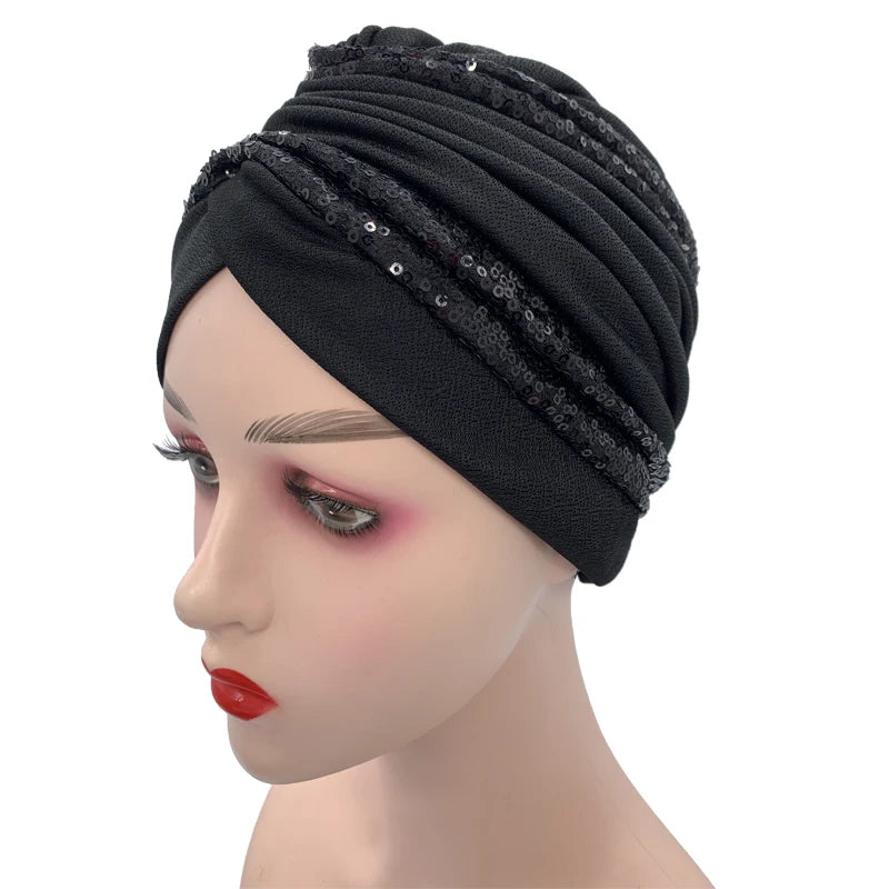 Summer Breathable Sequins Turban Cap Women's Head Wraps Muslim Headscarf Cap India Hat Ready Hijab Bonnet Turbante Mujer - NamafadStore