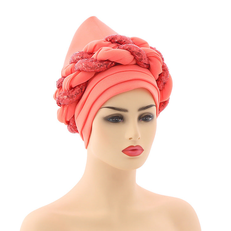 Women Braid Turbans Latest African Headtie Ladies Sequin Head Wraps African Aso Oke Winter Headtie Negerian Wedding Gele Caps - NamafadStore