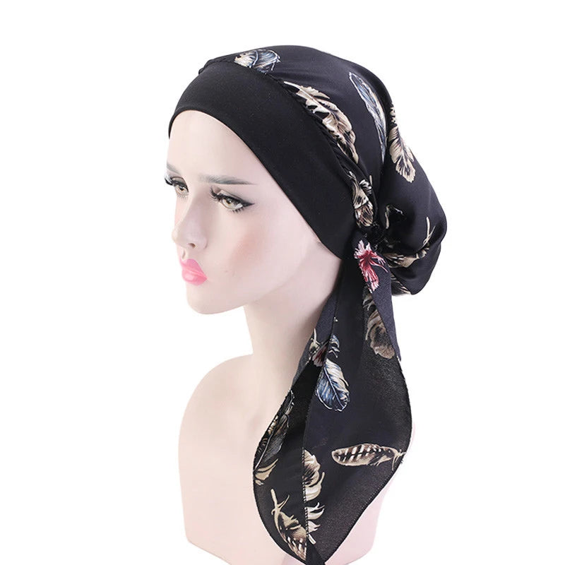 Muslim Women Headwear Turbans Silky Head Scarf With Wide Band Printed Sleeping Hat Hijab Bonnet Hair Cover Ready To Wear - NamafadStore