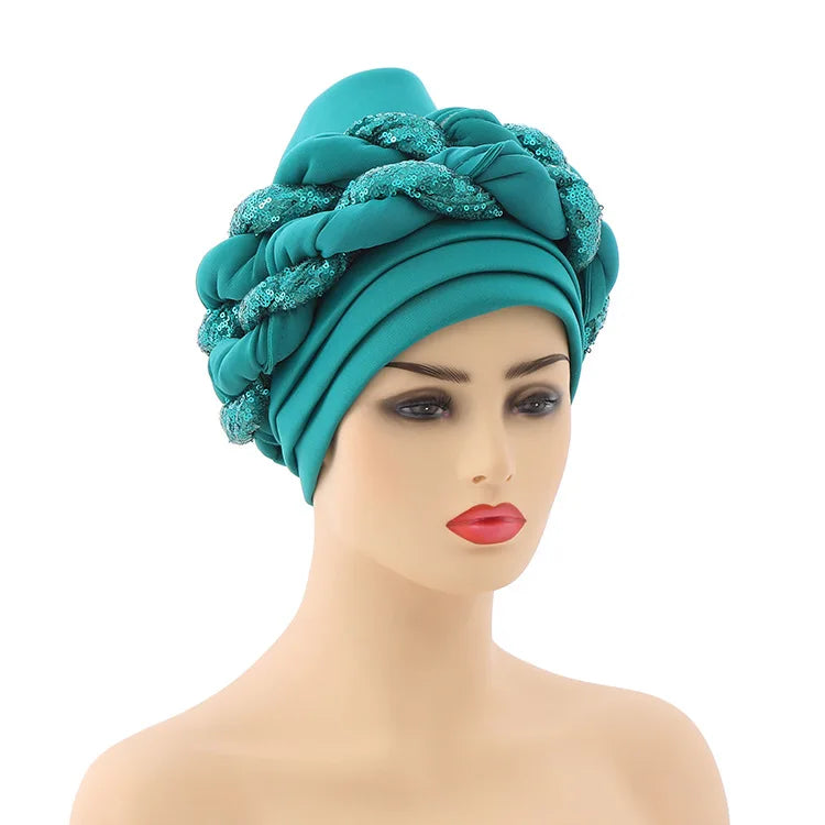 Women Braid Turbans Latest African Headtie Ladies Sequin Head Wraps African Aso Oke Winter Headtie Negerian Wedding Gele Caps - NamafadStore