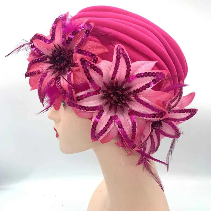 2024 New Feather Sequins Turban Caps for Women Wedding Party Headwear Hat African Headtie Muslim Headscarf Female Head Wraps