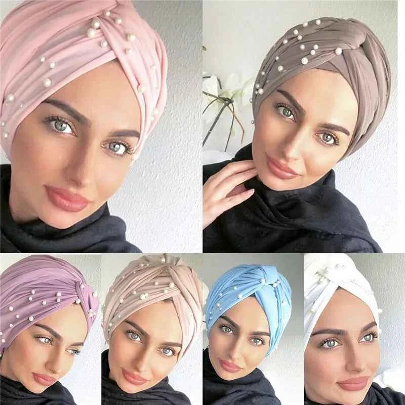 New Muslim Suede Turban Cap – Twist Velvet Beaded Hijab Bonnet for Women