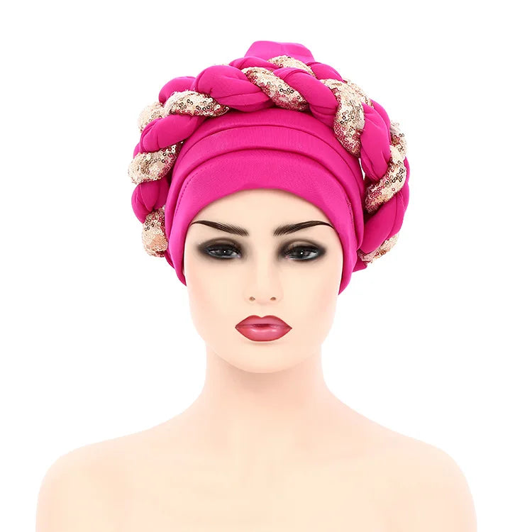 Women Braid Turbans Latest African Headtie Ladies Sequin Head Wraps African Aso Oke Winter Headtie Negerian Wedding Gele Caps - NamafadStore