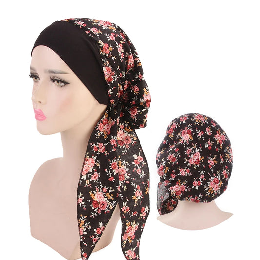 New fashion printed flowers women inner hijabs caps muslim head scarf turban bonnet ready to wear ladies wrap under hijab cap - NamafadStore
