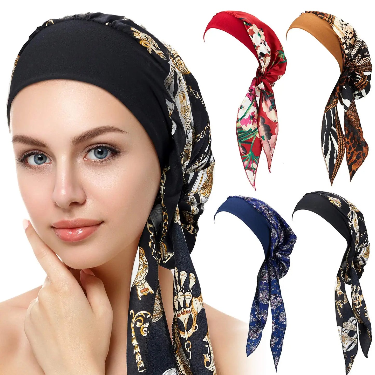 Muslim Women Headwear Turbans Silky Head Scarf With Wide Band Printed Sleeping Hat Hijab Bonnet Hair Cover Ready To Wear - NamafadStore