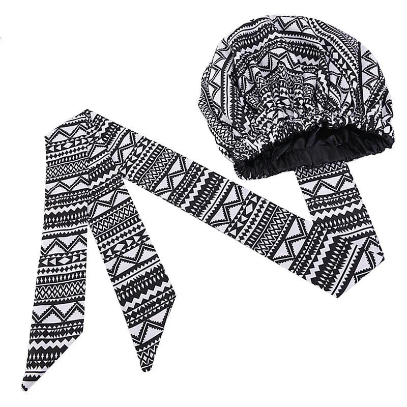 Satin Lining African Pattern Bonnet With Long Ribbon Women's Head Wrap Turban Cap Floral Print Ankara Hair Bonnet Hat - NamafadStore