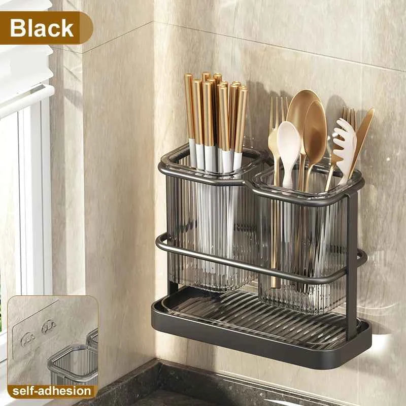 Wall Mounted Kitchen Cutlery Organizer Knife Spoon Fork Chopstick Drain Rack Drainer Utensil Kitchen Storage Punching Free NEW