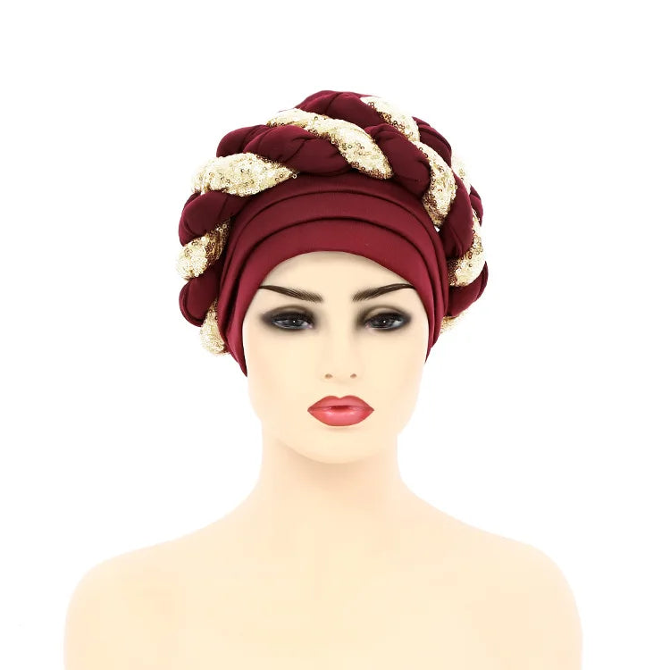 Women Braid Turbans Latest African Headtie Ladies Sequin Head Wraps African Aso Oke Winter Headtie Negerian Wedding Gele Caps - NamafadStore