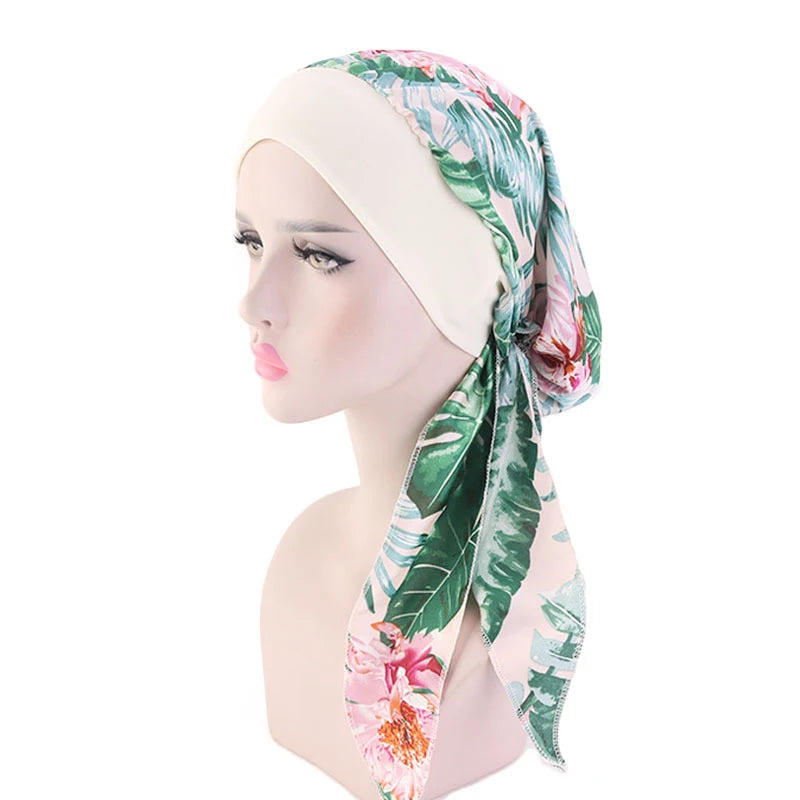 Muslim Women Headwear Turbans Silky Head Scarf With Wide Band Printed Sleeping Hat Hijab Bonnet Hair Cover Ready To Wear - NamafadStore