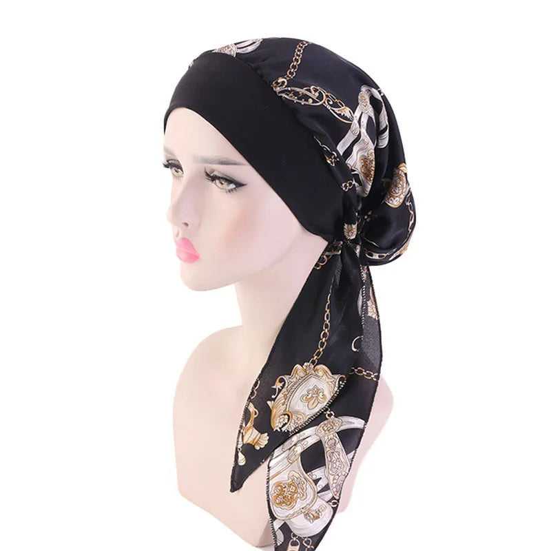 Muslim Women Headwear Turbans Silky Head Scarf With Wide Band Printed Sleeping Hat Hijab Bonnet Hair Cover Ready To Wear - NamafadStore
