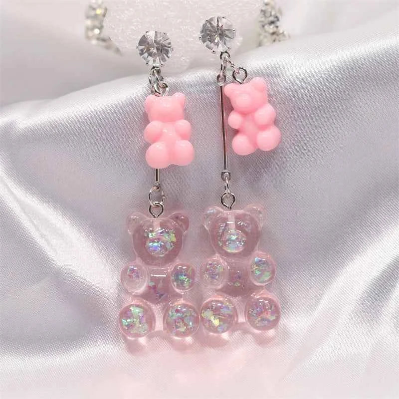 New Fashion Sequins Resin Gummy Big Bear Long Dangle Earrings Women Girl DIY Cartoon Animal Bear Earrings Creative Drop Jewelry