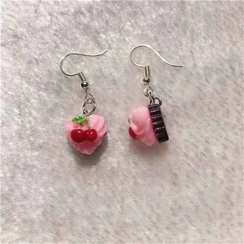 1Pair Drop Earrings Cute Donuts and Cake Cartoon Food pink color Handmade Flatback ResinEarrings Jewelry  For Woman And Girl