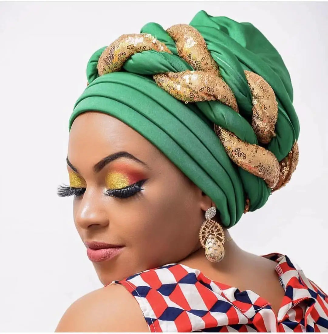 Women Braid Turbans Latest African Headtie Ladies Sequin Head Wraps African Aso Oke Winter Headtie Negerian Wedding Gele Caps - NamafadStore