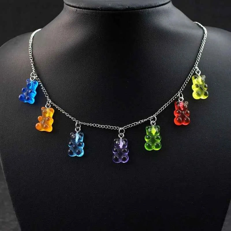 Colorful Resin Gummy Bear Pendant Necklace Cute Transparent Rainbow Candy Color Bear Chain Necklace Lovely Party Jewelry