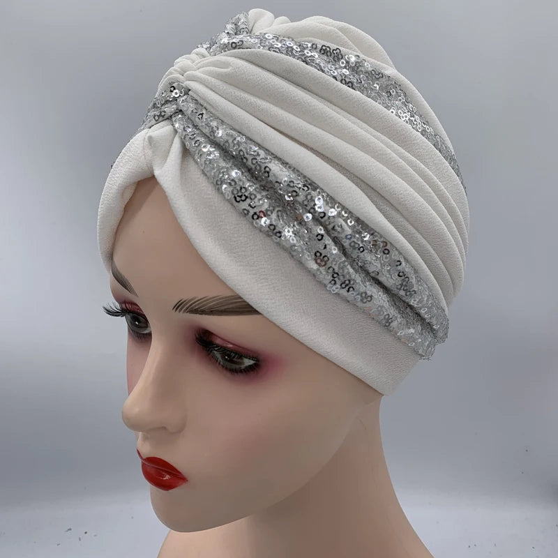 Summer Breathable Sequins Turban Cap Women's Head Wraps Muslim Headscarf Cap India Hat Ready Hijab Bonnet Turbante Mujer - NamafadStore