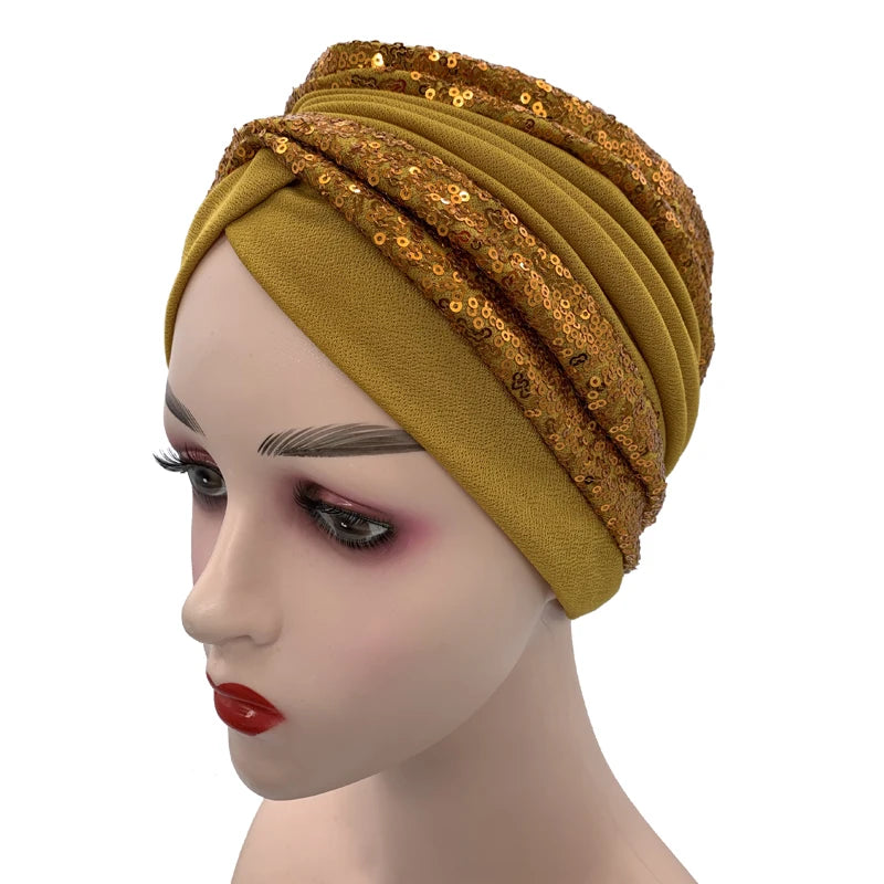 Summer Breathable Sequins Turban Cap Women's Head Wraps Muslim Headscarf Cap India Hat Ready Hijab Bonnet Turbante Mujer - NamafadStore