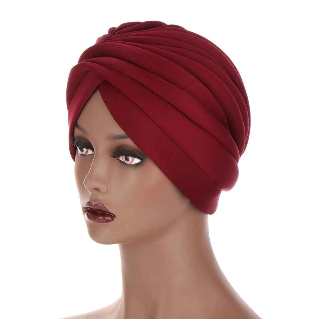 Scuba Fabric Twisted Turban Cap for Women Soild Color Pleated Muslim Headscarf Bonnet Female Headwrap Cap Under Scarf Caps