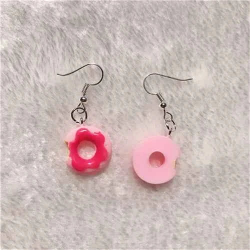 1Pair Drop Earrings Cute Donuts and Cake Cartoon Food pink color Handmade Flatback ResinEarrings Jewelry  For Woman And Girl