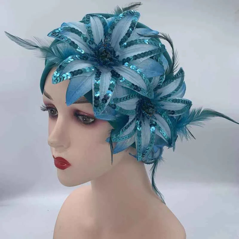 2024 New Feather Sequins Turban Caps for Women Wedding Party Headwear Hat African Headtie Muslim Headscarf Female Head Wraps