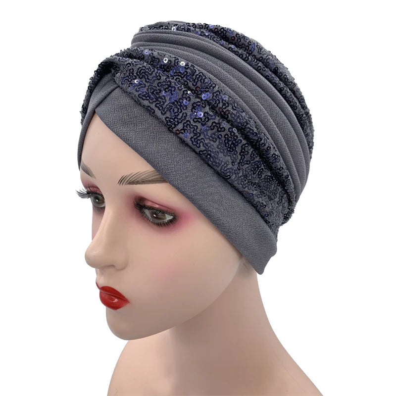 Summer Breathable Sequins Turban Cap Women's Head Wraps Muslim Headscarf Cap India Hat Ready Hijab Bonnet Turbante Mujer - NamafadStore