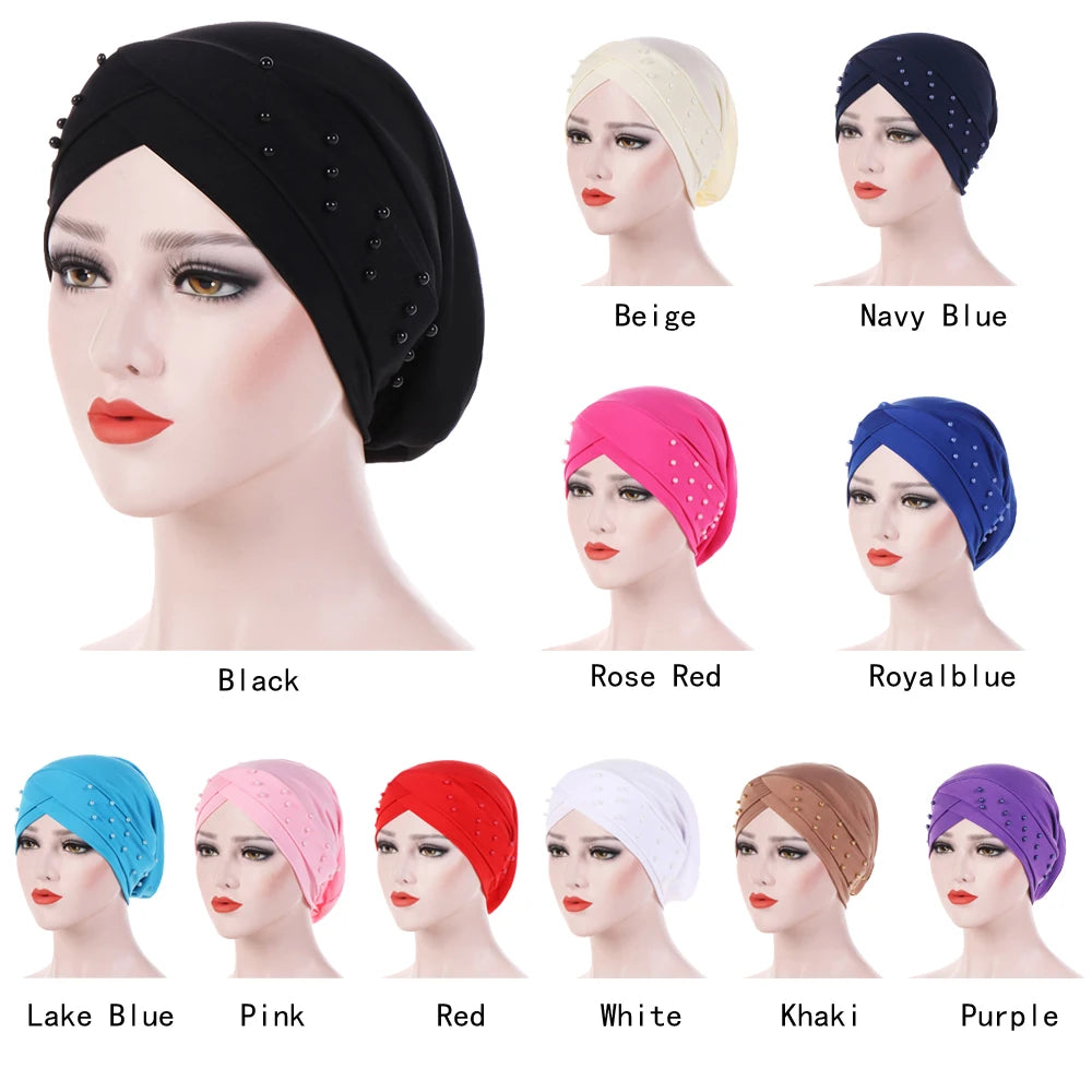 1PC New Women Elastic Turban Hat Muslim Hijab Islamic Beads Cancer Chemo Cap Ladies Hijab Stretch Head Wrap Head Scarf Hair Loss - NamafadStore