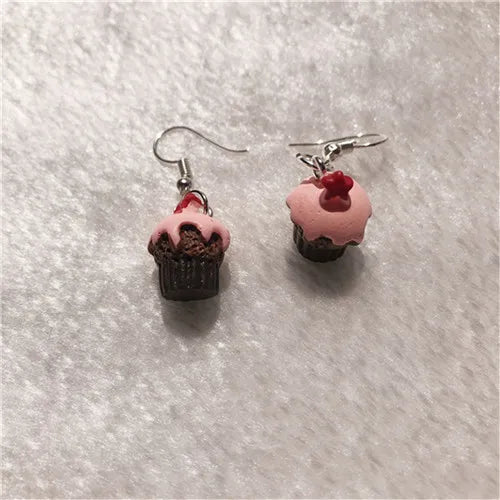 1Pair Drop Earrings Cute Donuts and Cake Cartoon Food pink color Handmade Flatback ResinEarrings Jewelry  For Woman And Girl
