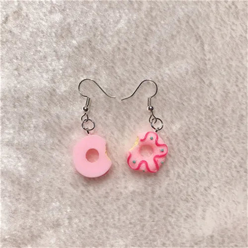 1Pair Drop Earrings Cute Donuts and Cake Cartoon Food pink color Handmade Flatback ResinEarrings Jewelry  For Woman And Girl