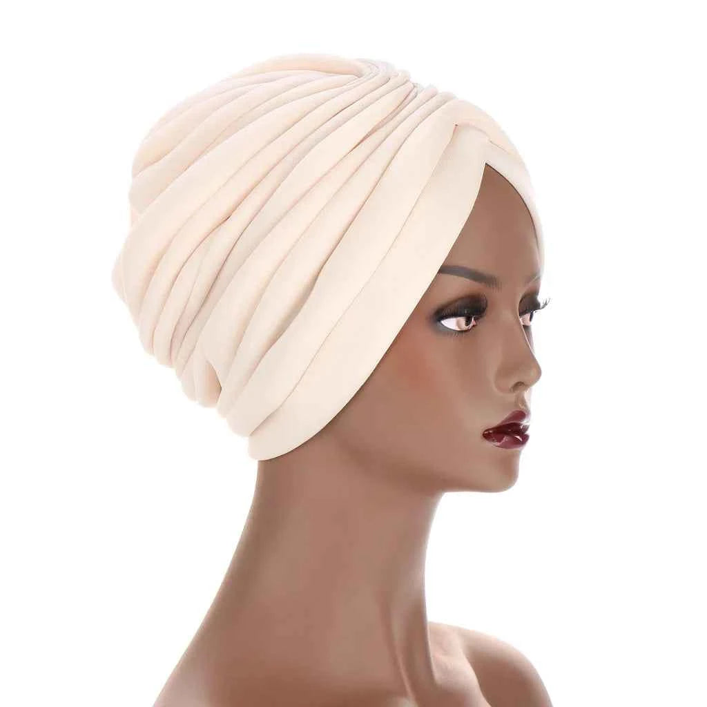 Scuba Fabric Twisted Turban Cap for Women Soild Color Pleated Muslim Headscarf Bonnet Female Headwrap Cap Under Scarf Caps