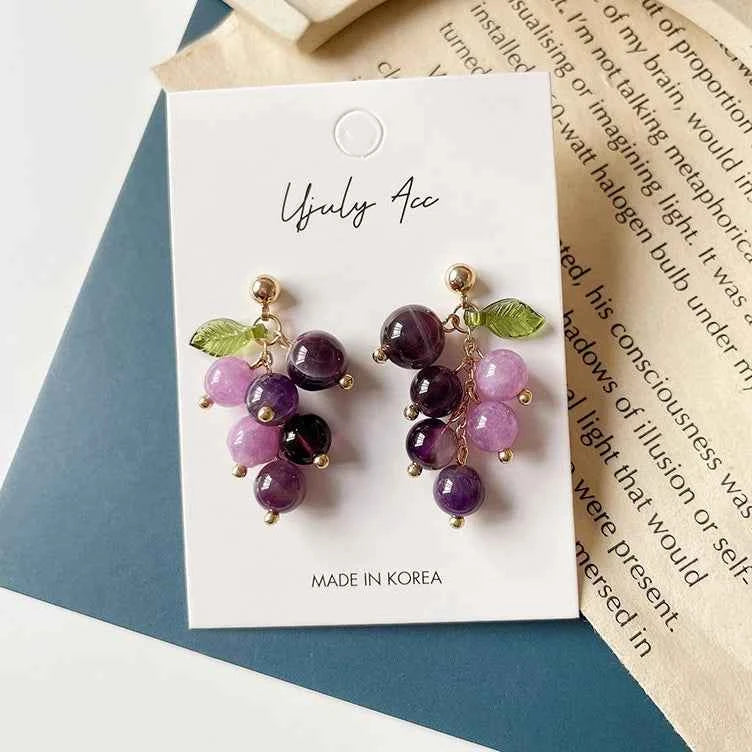 Korean Purple Grape Earrings Retro Fresh Summer No Pierced Clip on Earrings for Woman Sweet Temperament Female Gift Jewelry