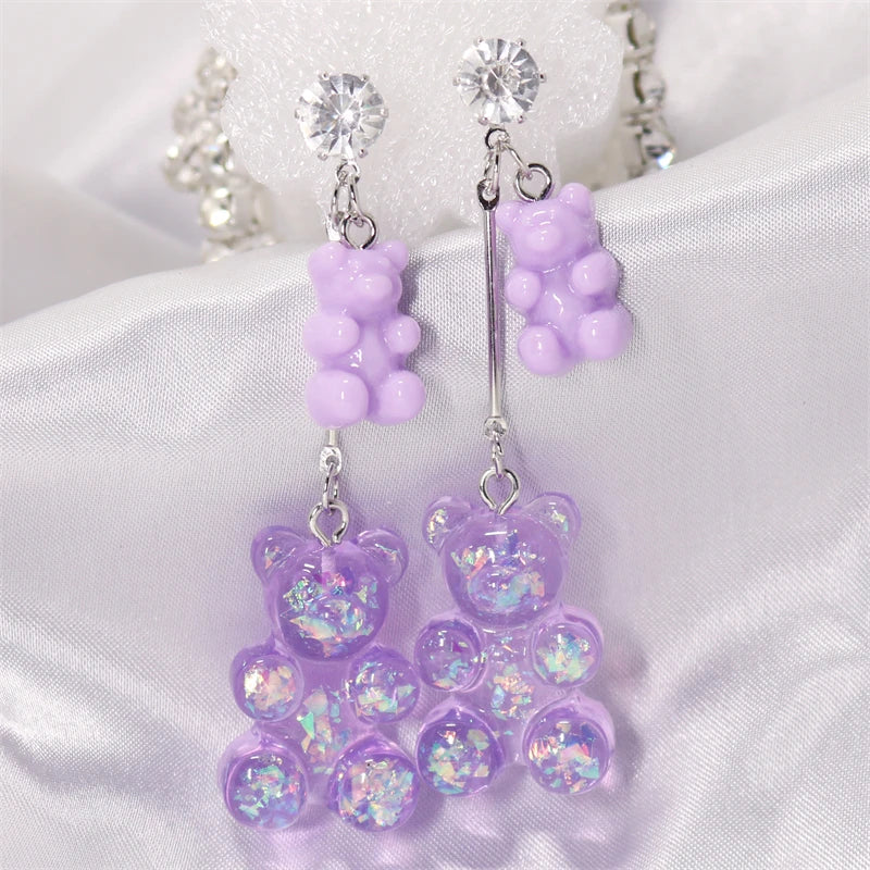 New Fashion Sequins Resin Gummy Big Bear Long Dangle Earrings Women Girl DIY Cartoon Animal Bear Earrings Creative Drop Jewelry