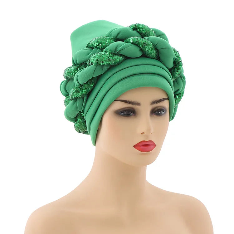 Women Braid Turbans Latest African Headtie Ladies Sequin Head Wraps African Aso Oke Winter Headtie Negerian Wedding Gele Caps - NamafadStore