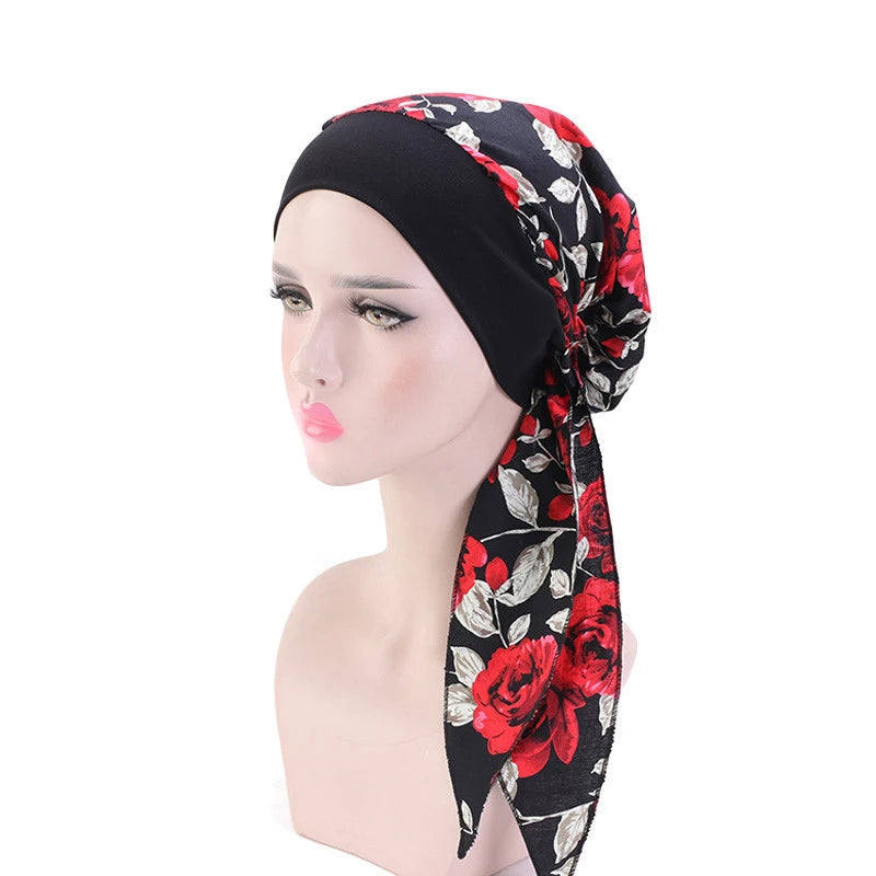 Muslim Women Headwear Turbans Silky Head Scarf With Wide Band Printed Sleeping Hat Hijab Bonnet Hair Cover Ready To Wear - NamafadStore