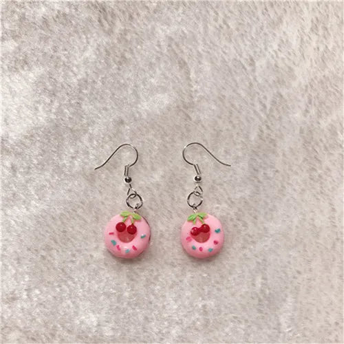 1Pair Drop Earrings Cute Donuts and Cake Cartoon Food pink color Handmade Flatback ResinEarrings Jewelry  For Woman And Girl