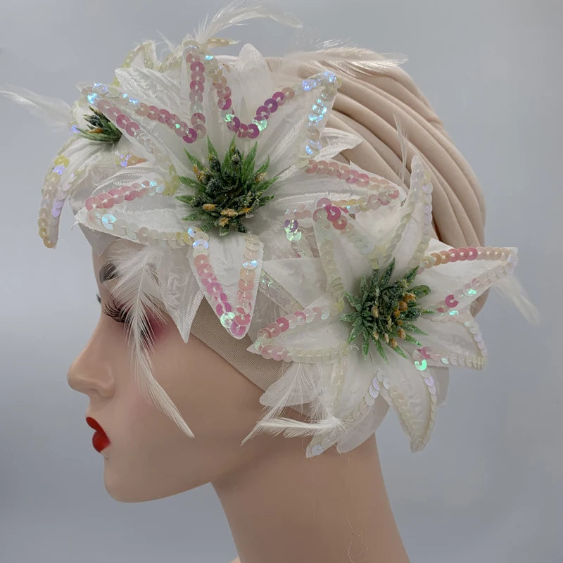 2024 New Feather Sequins Turban Caps for Women Wedding Party Headwear Hat African Headtie Muslim Headscarf Female Head Wraps - NamafadStore