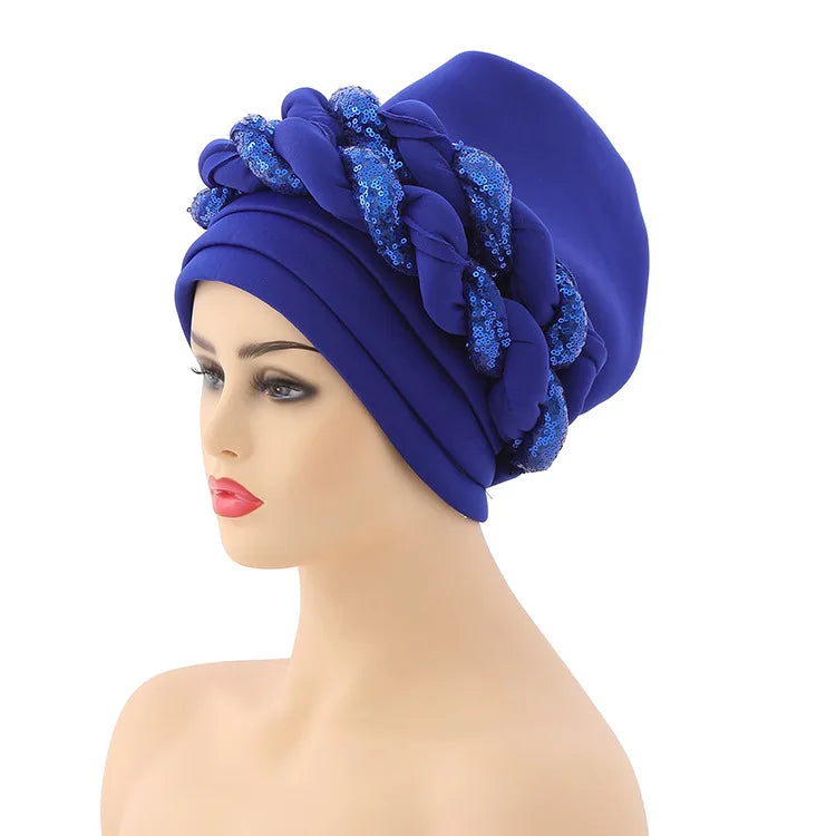 Women Braid Turbans Latest African Headtie Ladies Sequin Head Wraps African Aso Oke Winter Headtie Negerian Wedding Gele Caps - NamafadStore