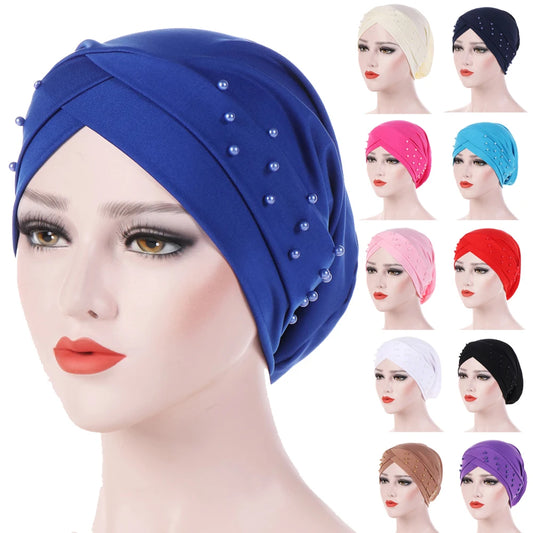 1PC New Women Elastic Turban Hat Muslim Hijab Islamic Beads Cancer Chemo Cap Ladies Hijab Stretch Head Wrap Head Scarf Hair Loss - NamafadStore
