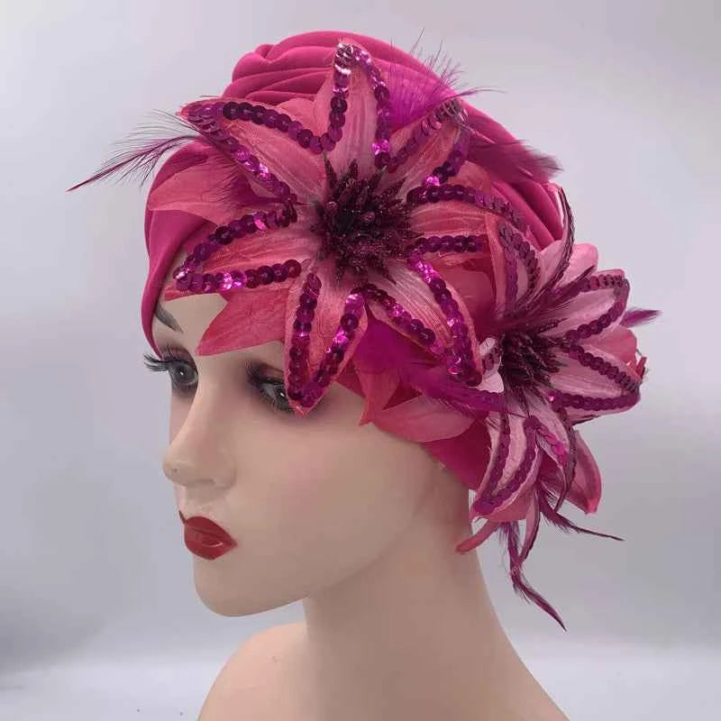 2024 New Feather Sequins Turban Caps for Women Wedding Party Headwear Hat African Headtie Muslim Headscarf Female Head Wraps