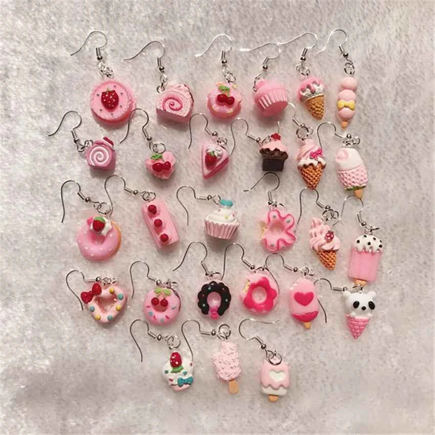 1Pair Drop Earrings Cute Donuts and Cake Cartoon Food pink color Handmade Flatback ResinEarrings Jewelry  For Woman And Girl