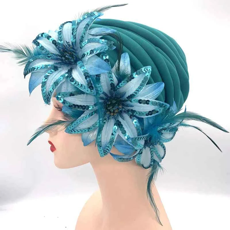 2024 New Feather Sequins Turban Caps for Women Wedding Party Headwear Hat African Headtie Muslim Headscarf Female Head Wraps