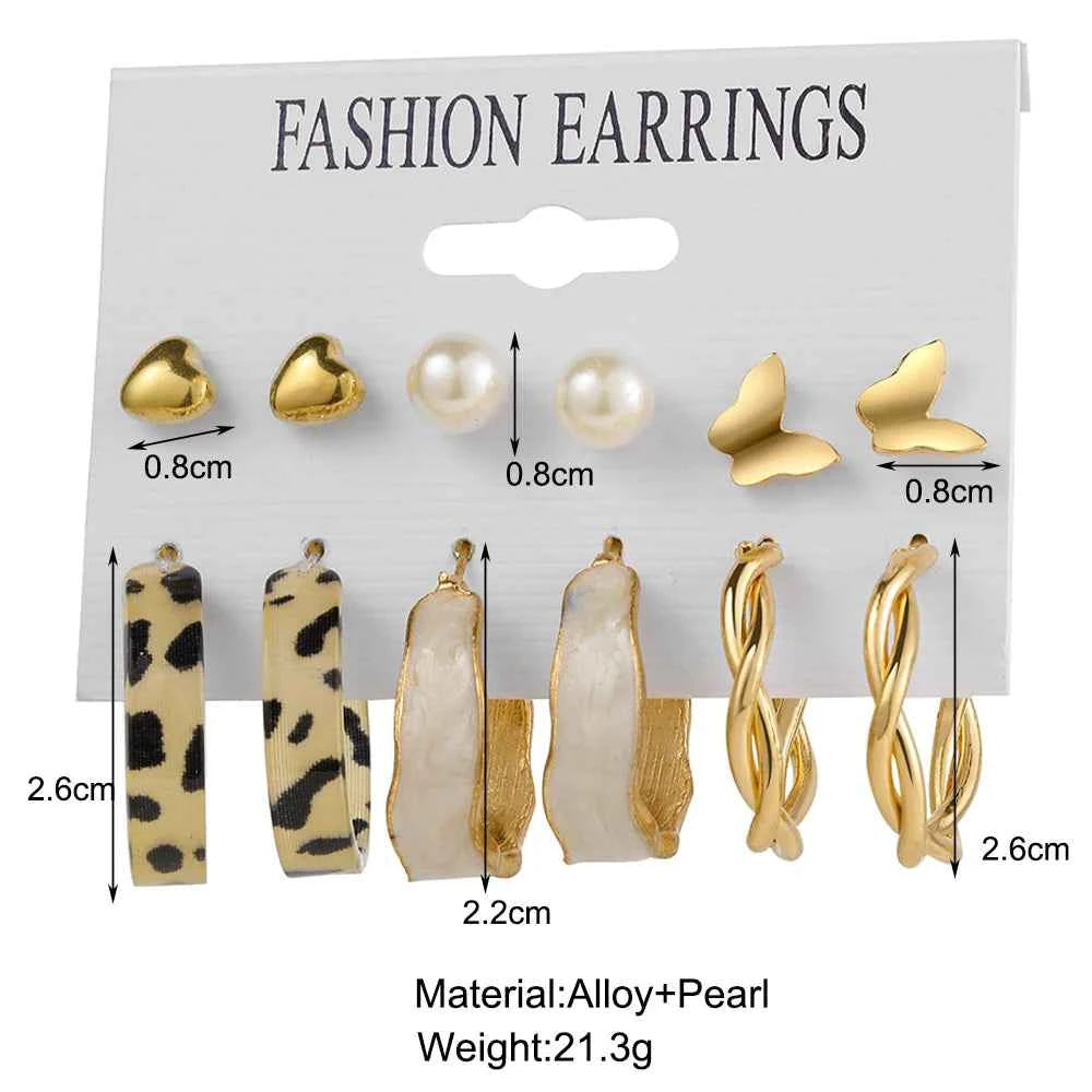 Punk Leopard Acrylic Resin Hoop Earrings Set for Women Trendy Gold Silver Color Butterfly Pearl Circle Earrings Gifts Jewelry