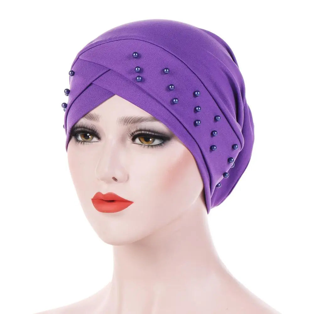 1PC New Women Elastic Turban Hat Muslim Hijab Islamic Beads Cancer Chemo Cap Ladies Hijab Stretch Head Wrap Head Scarf Hair Loss - NamafadStore