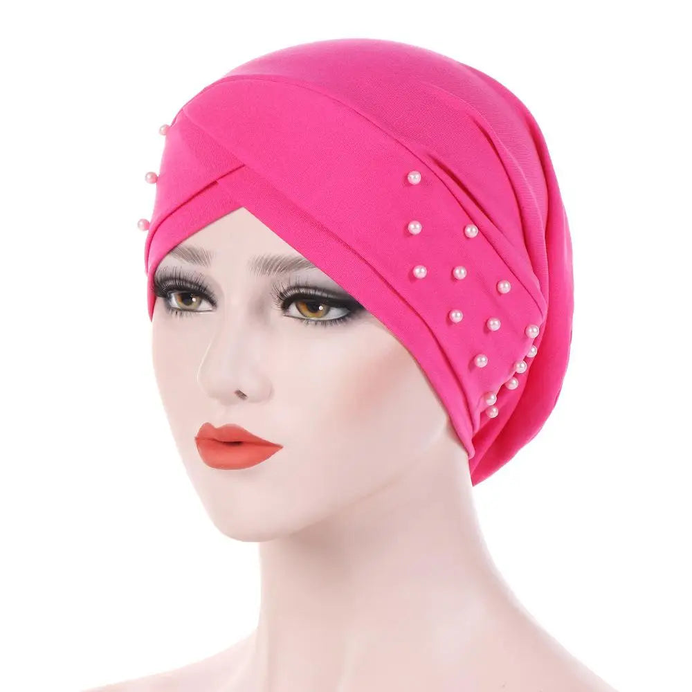 1PC New Women Elastic Turban Hat Muslim Hijab Islamic Beads Cancer Chemo Cap Ladies Hijab Stretch Head Wrap Head Scarf Hair Loss - NamafadStore