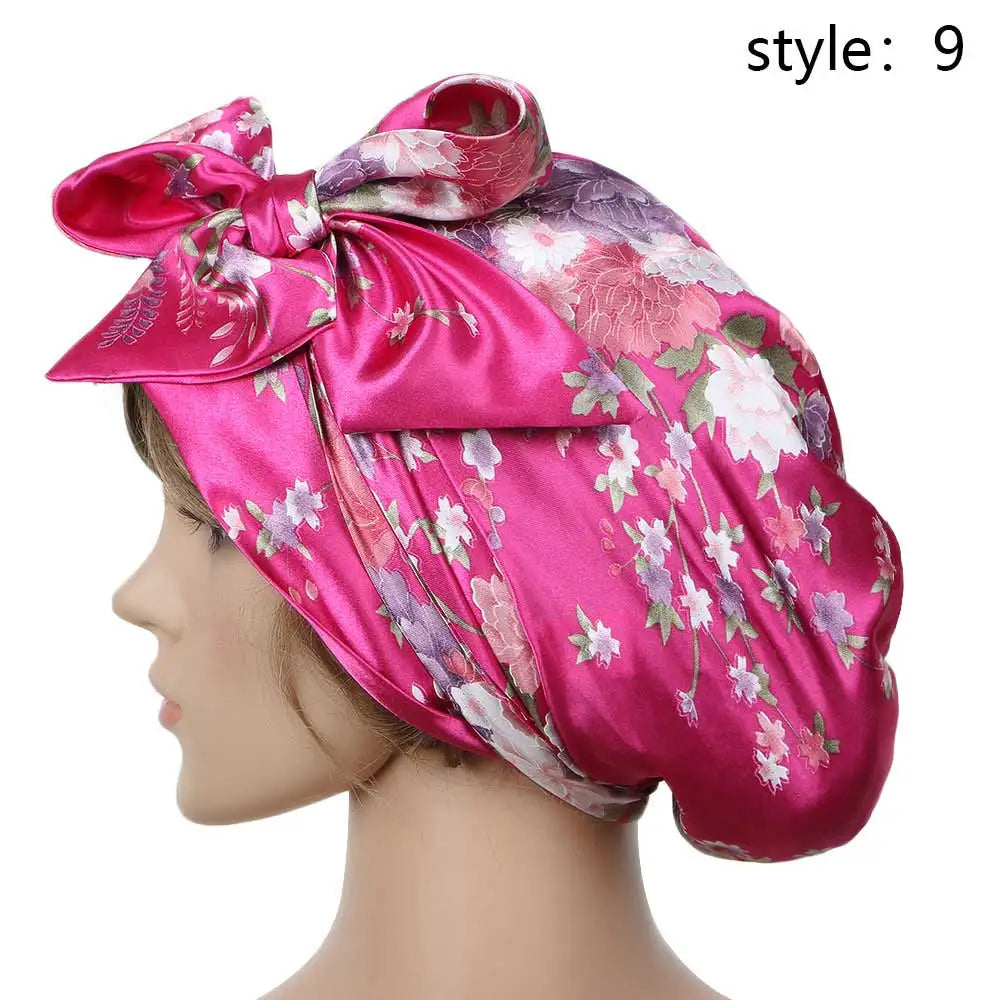 Women Fashion Sleeping Bonnet Cap Soft Pure Silk Sleep Hats Hair Care Wrap Female Night Cap 10 kinds of color