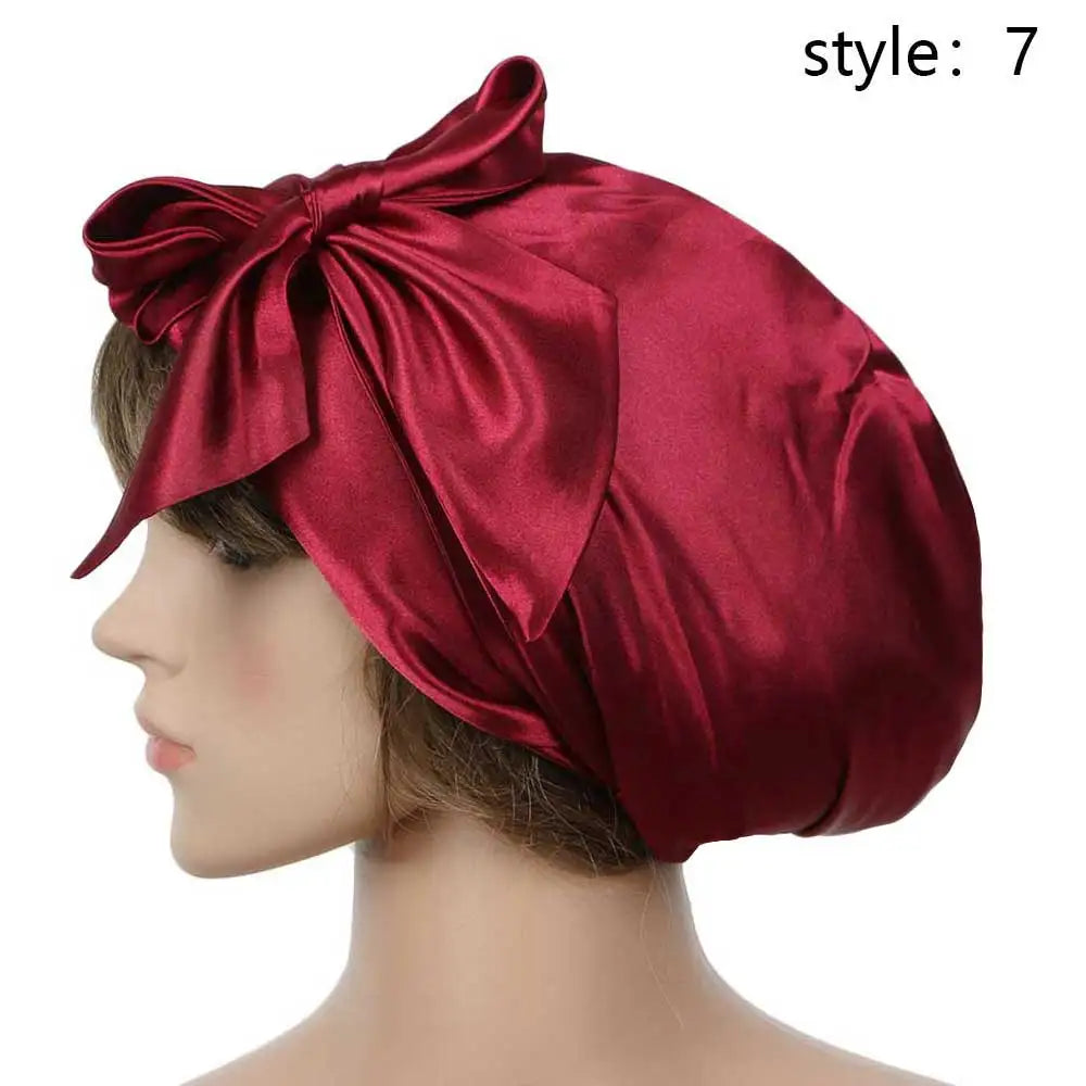 Women Fashion Sleeping Bonnet Cap Soft Pure Silk Sleep Hats Hair Care Wrap Female Night Cap 10 kinds of color