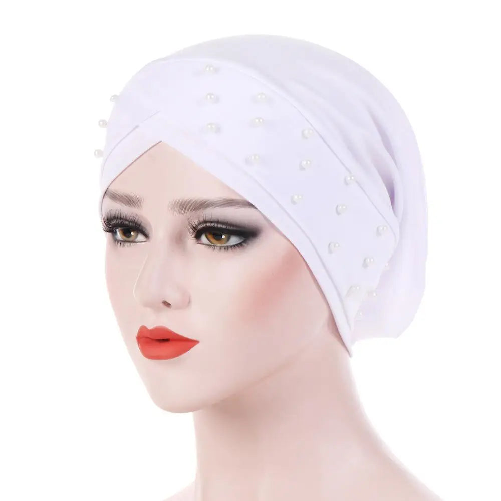 1PC Women Turban Hat Elastic Hijab with Beads Cancer Chemo Cap Head Wrap for Hair Loss