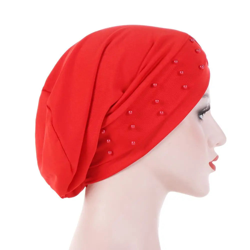 1PC Women Turban Hat Elastic Hijab with Beads Cancer Chemo Cap Head Wrap for Hair Loss