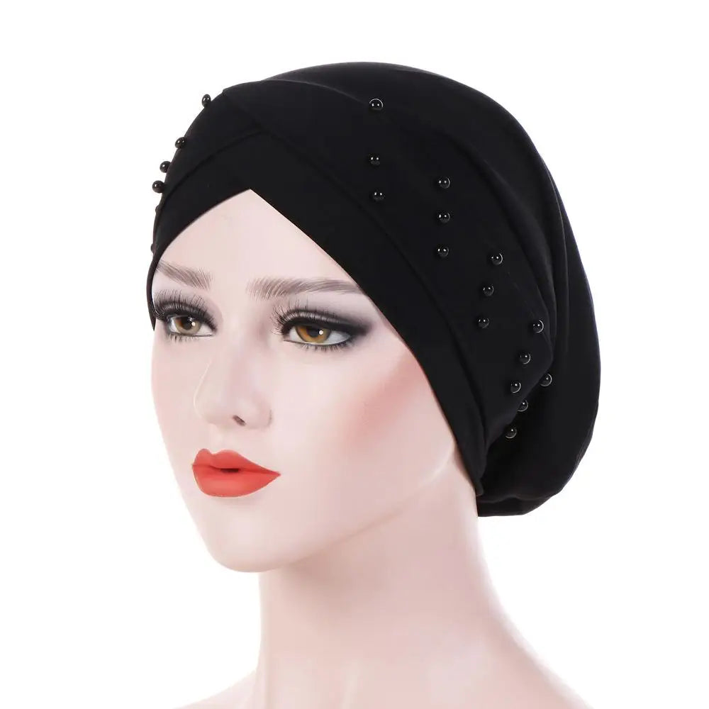 1PC New Women Elastic Turban Hat Muslim Hijab Islamic Beads Cancer Chemo Cap Ladies Hijab Stretch Head Wrap Head Scarf Hair Loss - NamafadStore