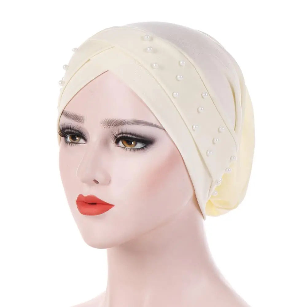 1PC New Women Elastic Turban Hat Muslim Hijab Islamic Beads Cancer Chemo Cap Ladies Hijab Stretch Head Wrap Head Scarf Hair Loss - NamafadStore