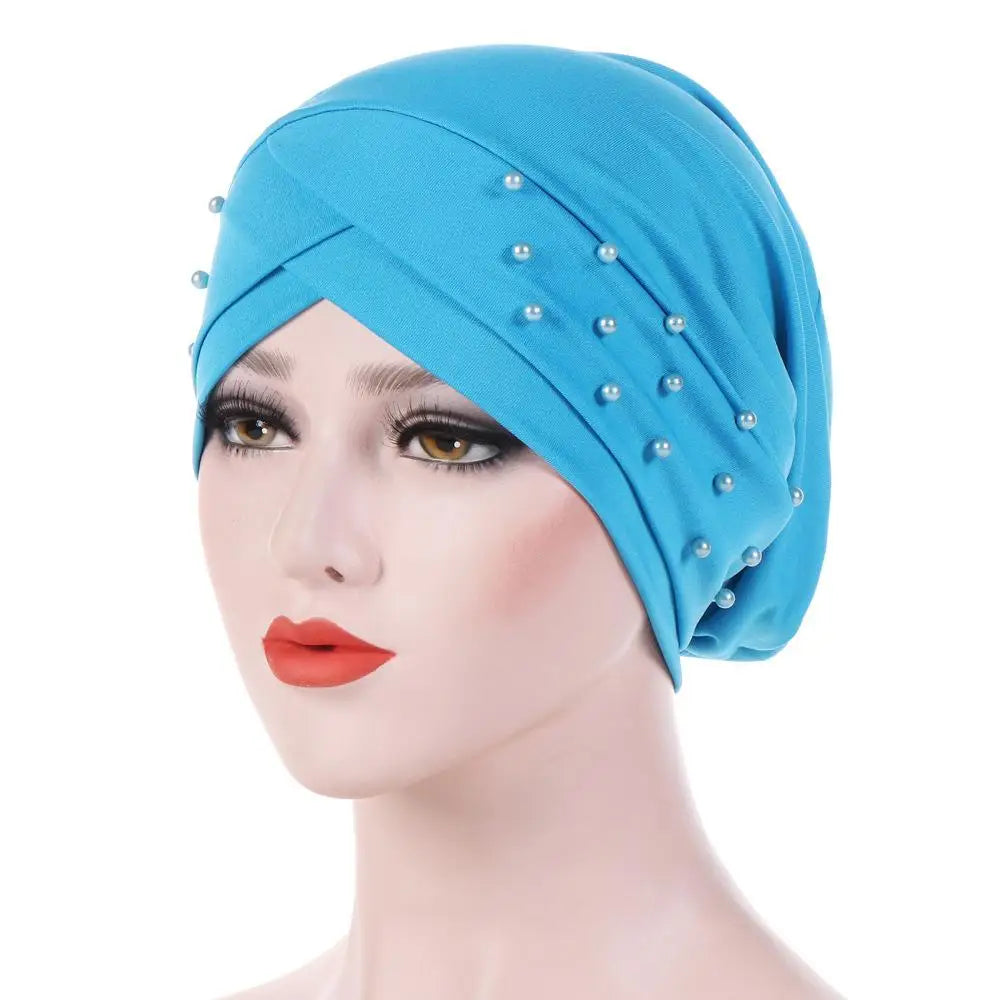 1PC Women Turban Hat Elastic Hijab with Beads Cancer Chemo Cap Head Wrap for Hair Loss