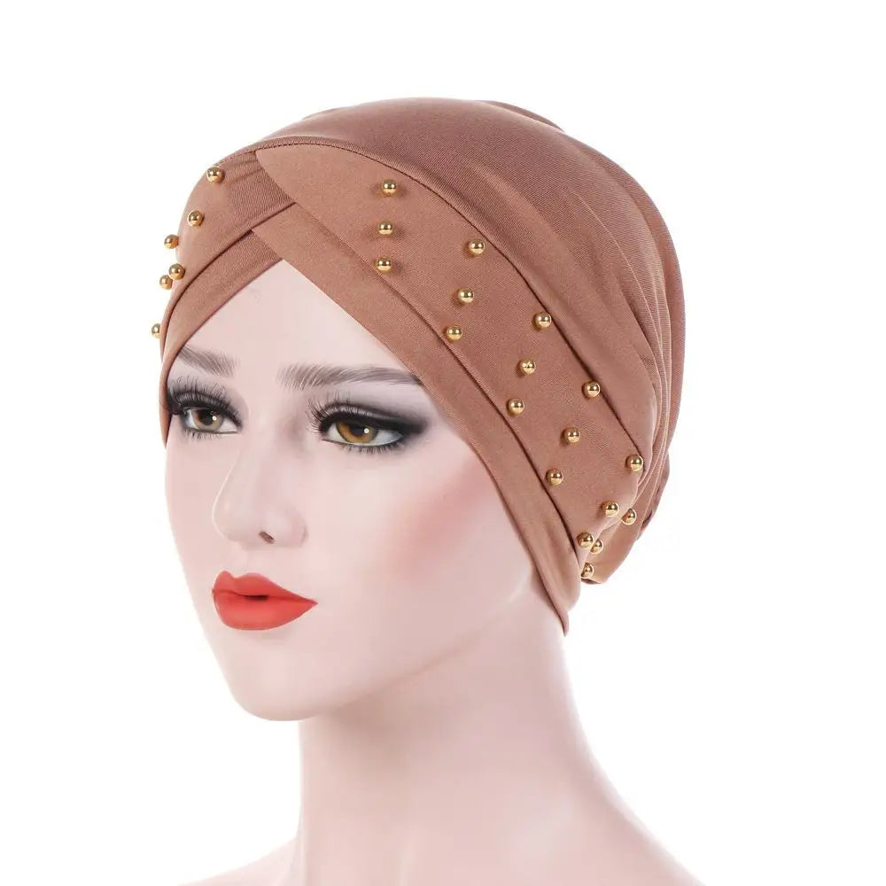 1PC New Women Elastic Turban Hat Muslim Hijab Islamic Beads Cancer Chemo Cap Ladies Hijab Stretch Head Wrap Head Scarf Hair Loss - NamafadStore